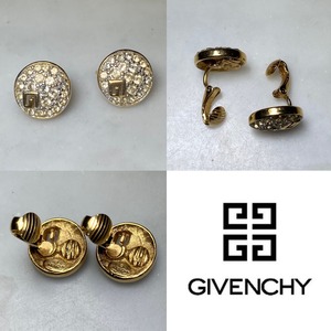 vintage GIVENCHY metal gold color " g " logo earring set with rhinestone