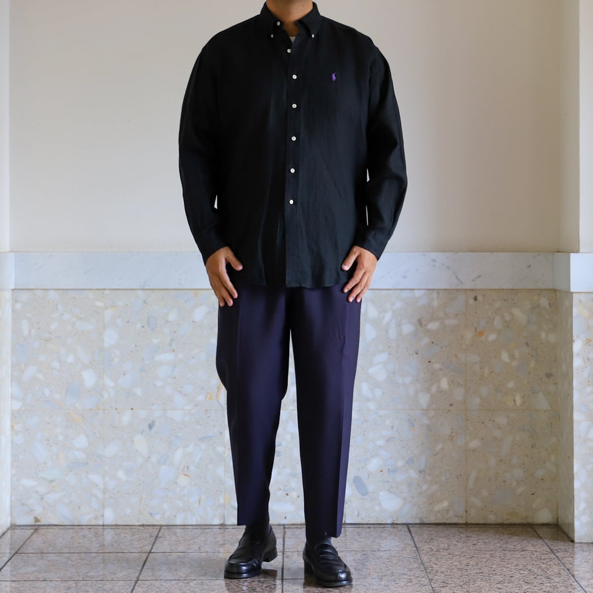 極美品】80s Ralph Lauren special linen shirt Black big size 