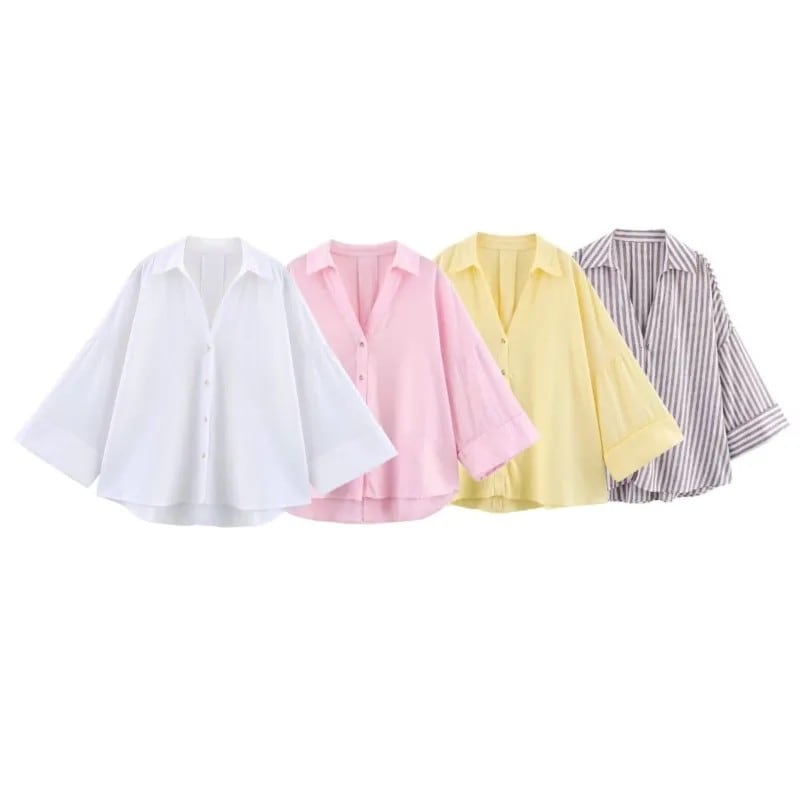 ワイドスリーブシャツ女性春非対称裾ボタン女性のシャツシンプルなレディジョニーカラーシャツ & ブラウス