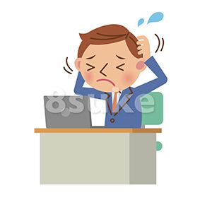 イラスト素材:ノートパソコンを使うビジネスマン/悩み・ストレスイメージ(ベクター・JPG)