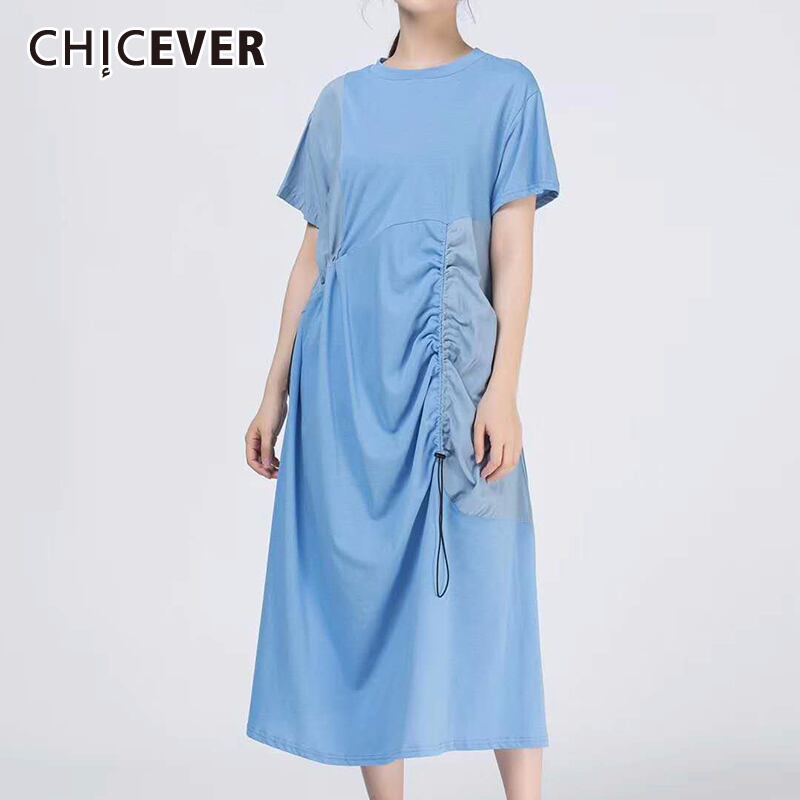 CHICEVERパッチワークヒットカラードレスレディースOネック半袖巾着シャーリングミディサマードレス2020 ショート ハーフスリーブ 夏物 6base529047324250