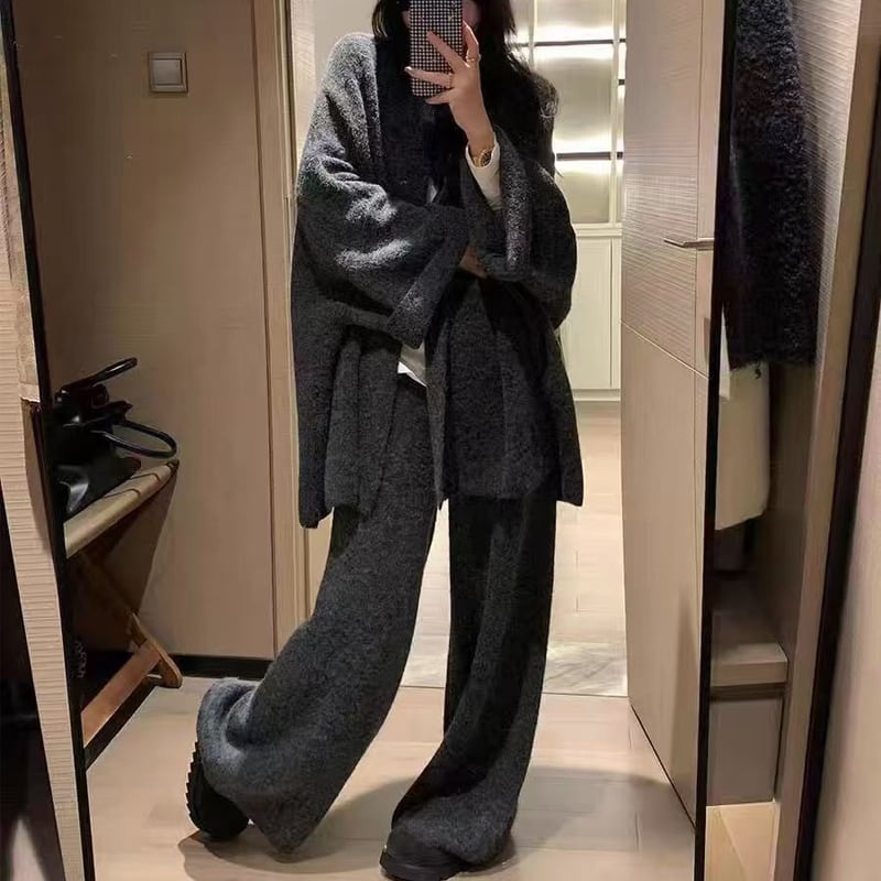 【set】ニットカーディガン×ワイドパンツセット Q6535