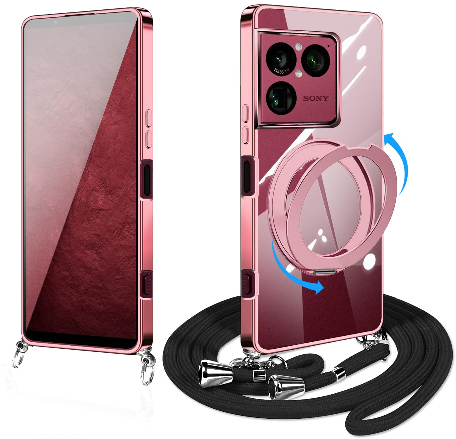 Guokaien Xperia 1 VIII 用の ケース クリア ショルダー リング付き ストラップ付き【360°回転スタンド・縦横両対応】SO-51G SOG17 エクスぺリア 1 viii スマホケース カバー 耐衝撃 透明 TPU 肩掛け 首掛け 取り外し可能 長さ調整可能 スタンド機能付き 金属ボタン(ローズゴールド)