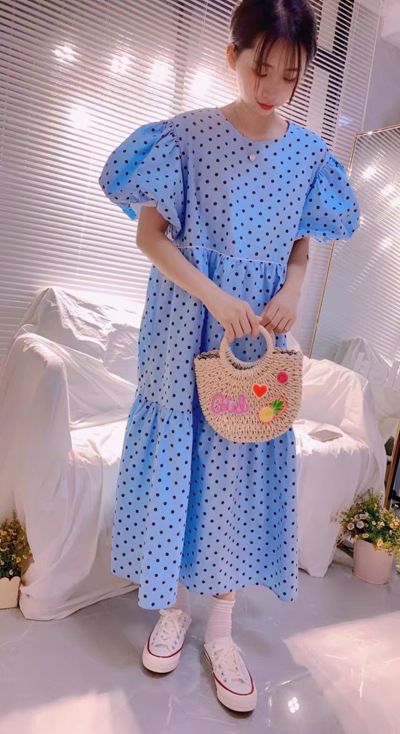 水色 水玉 ドット ワンピース ゆったり マタニティ | LOVEYsmileSHOP
