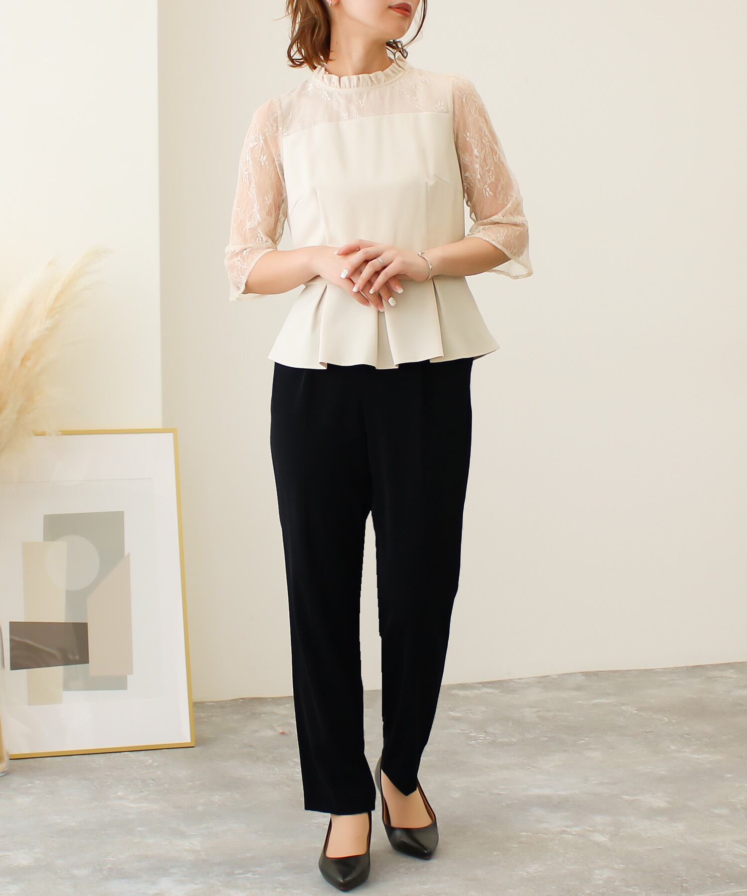 レーススリーブパンツセットアップドレス