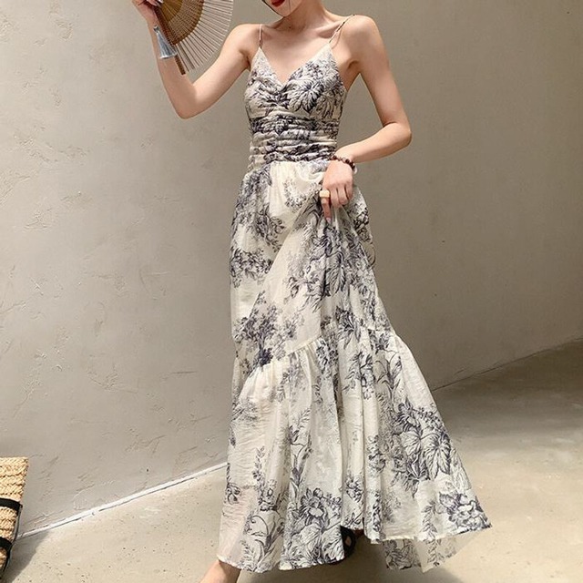 Botanical cami long flare dress　M755