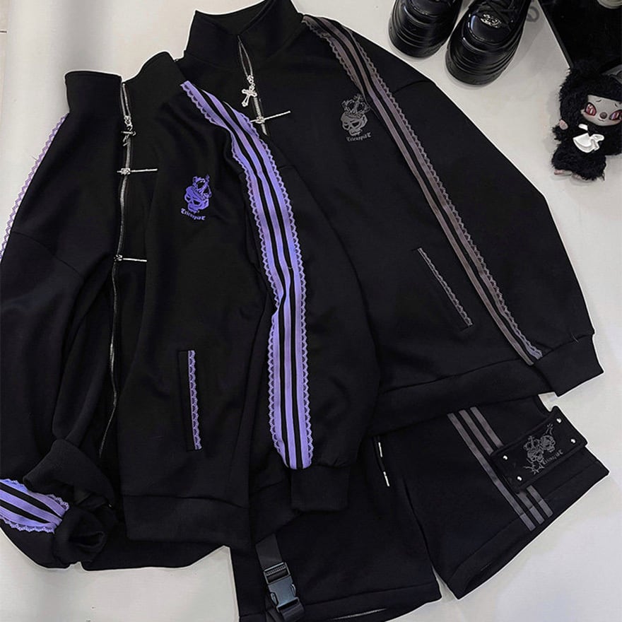 地雷系 黒×パープル髑髏ジップジャケット+ショートパンツ セットアップ|WithU