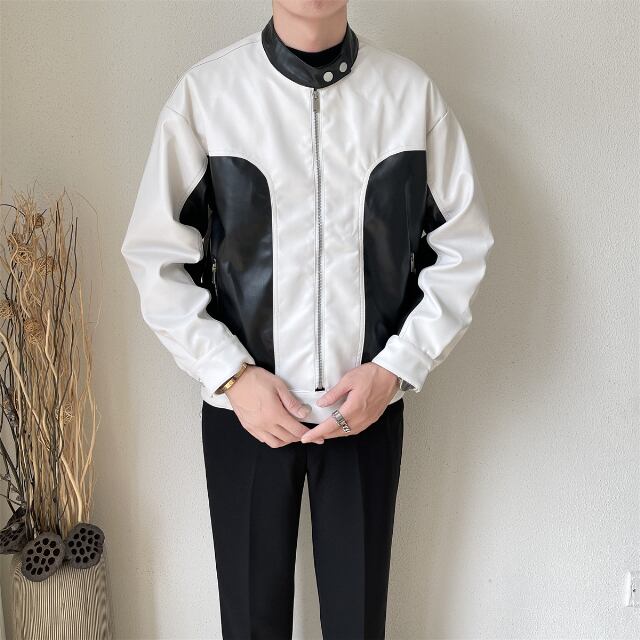 【予約販売】ブルゾン アウター ジップアップ レザー 革ジャン バイカラー モノトーン ホワイト×ブラック ジャケット ショート丈 メンズ カジュアル 男前 こなれ感 お洒落 韓国 トレンド 秋 冬 M/L/XL/2XL