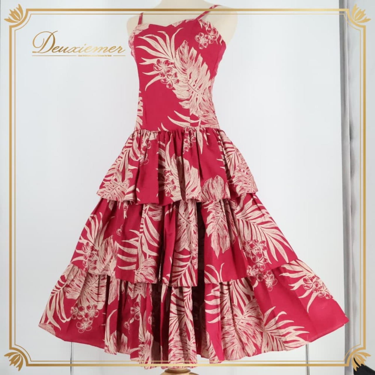 フラダンス 衣装 CC Fashions CCファッション ワンピース ドレス レッド系 ハワイ製 ワインレッド フリル キャミソールドレス モンステラ柄 ツートンカラー かわいい 華やか 鮮やか 明るい 赤 紫 赤紫 白 アロハ 練習 パープル系 ホワイト系