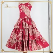 フラダンス 衣装 CC Fashions CCファッション ワンピース ドレス レッド系 ハワイ製 ワインレッド フリル キャミソールドレス モンステラ柄 ツートンカラー かわいい 華やか 鮮やか 明るい 赤 紫 赤紫 白 アロハ 練習 パープル系 ホワイト系