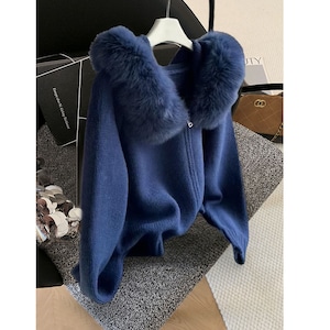 petite fit fur collar hooded knit jaket<t3009>