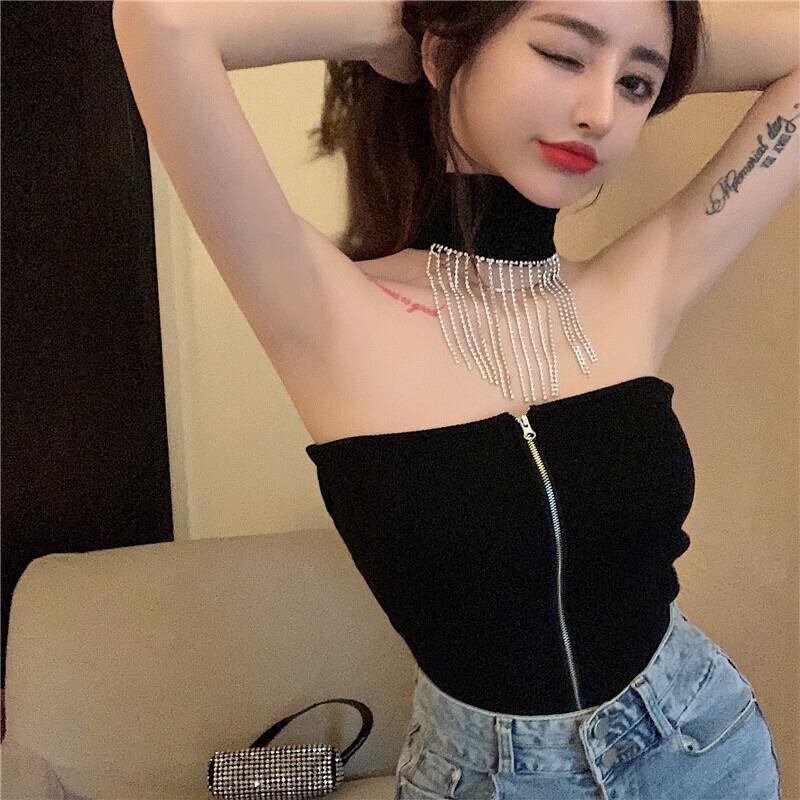 ニットトップス サマーブラッククロスホルター 夏物 ブラックストロベリース22075600816