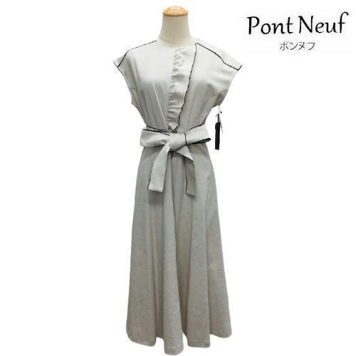 【Pont Neuf ポンヌフ 新品】センターフロントにフリル端 リボンベルト配色パイピングワンピース リネンベージュ BA1010 M L 働く女子 通勤コーデ 大人可愛いコーディネート | GOLD SMITH powered by BASE