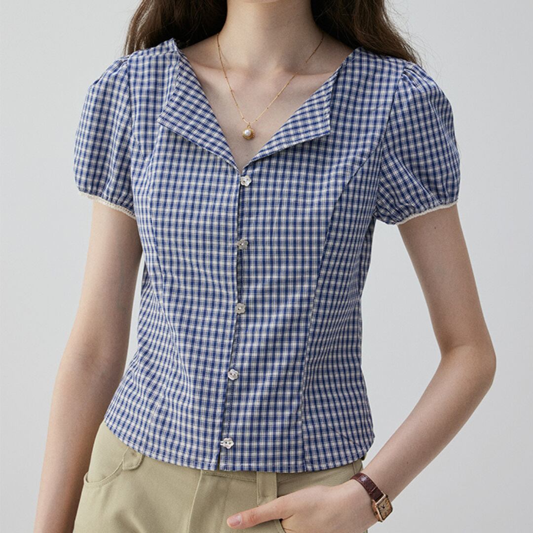 チェック柄 パフスリーブ Vネック半袖シャツ 00537