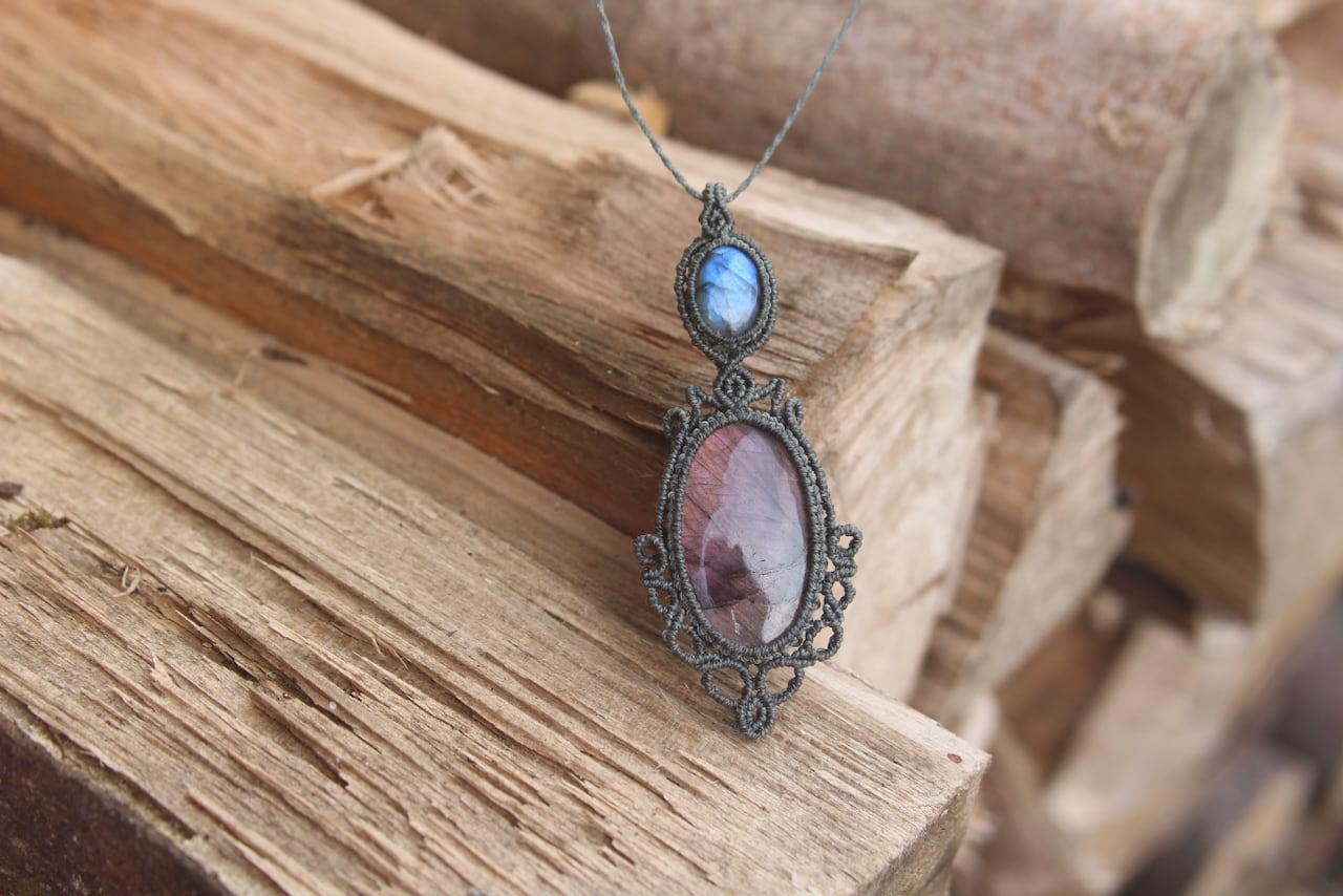 Purple Labradorite & Labradorite micro macrame pendant