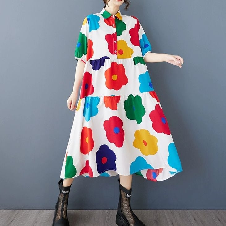 FLOWER PRINT HALF SLEEVES A-LINE MIDI SHIRT DRESS 2colors M-13511