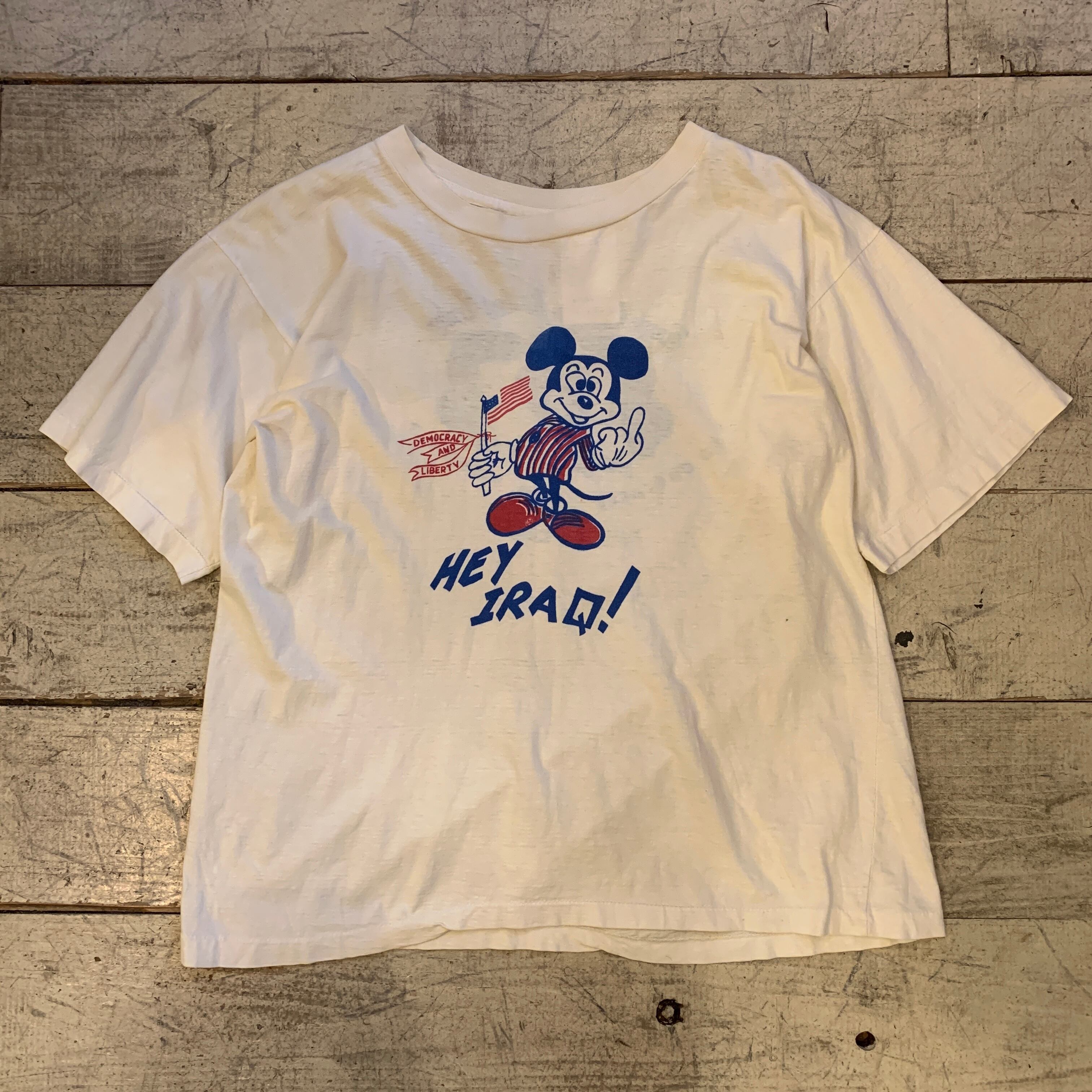 80s〜 Mickey Hey!IRAQ ヘイ イラク イラン Tシャツ使用感フェード