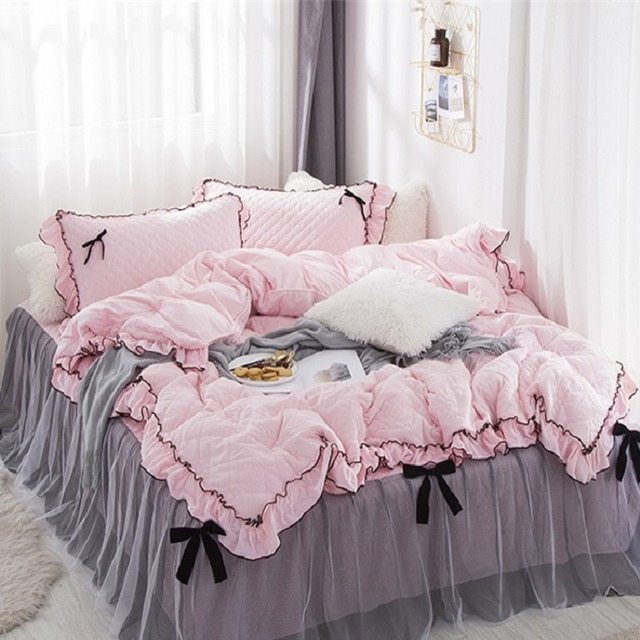 フラットスシーツ フリルタイプ シングルサイズ3点セット プリンセススタイルレース リボンフリース コットン寝具カバー 布団カバー ベッドカバー 寝室 インテリア 可愛い ガーリー お洒落 4カラー Sweet Dreams