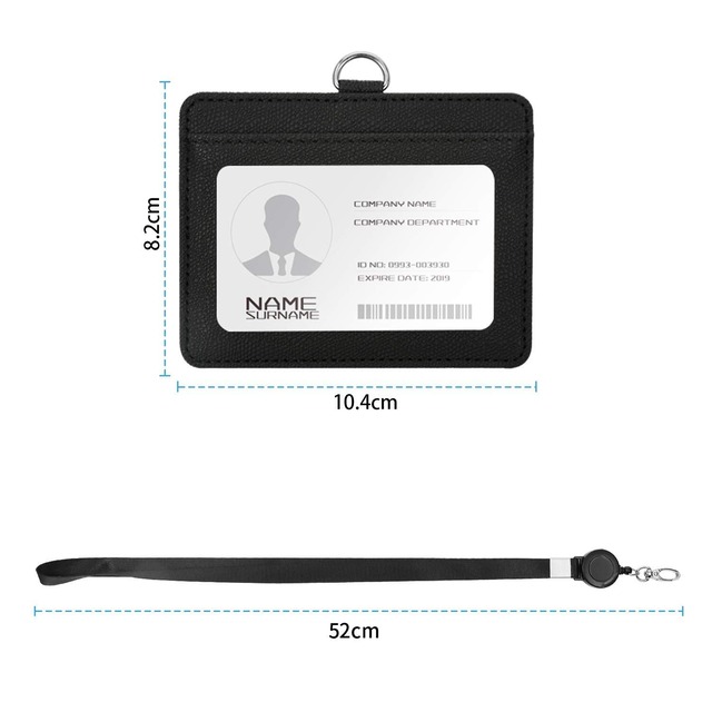 SUGURE IDカードホルダー ネームホルダー 名札ホルダー PU 横型 社員証 カードケース メンズ 防水 伸縮リール式 ネックストラップ 吊り下げ パスケース 定期入れ 通勤 通学 男女兼用 名刺入れ (横+ブラック)