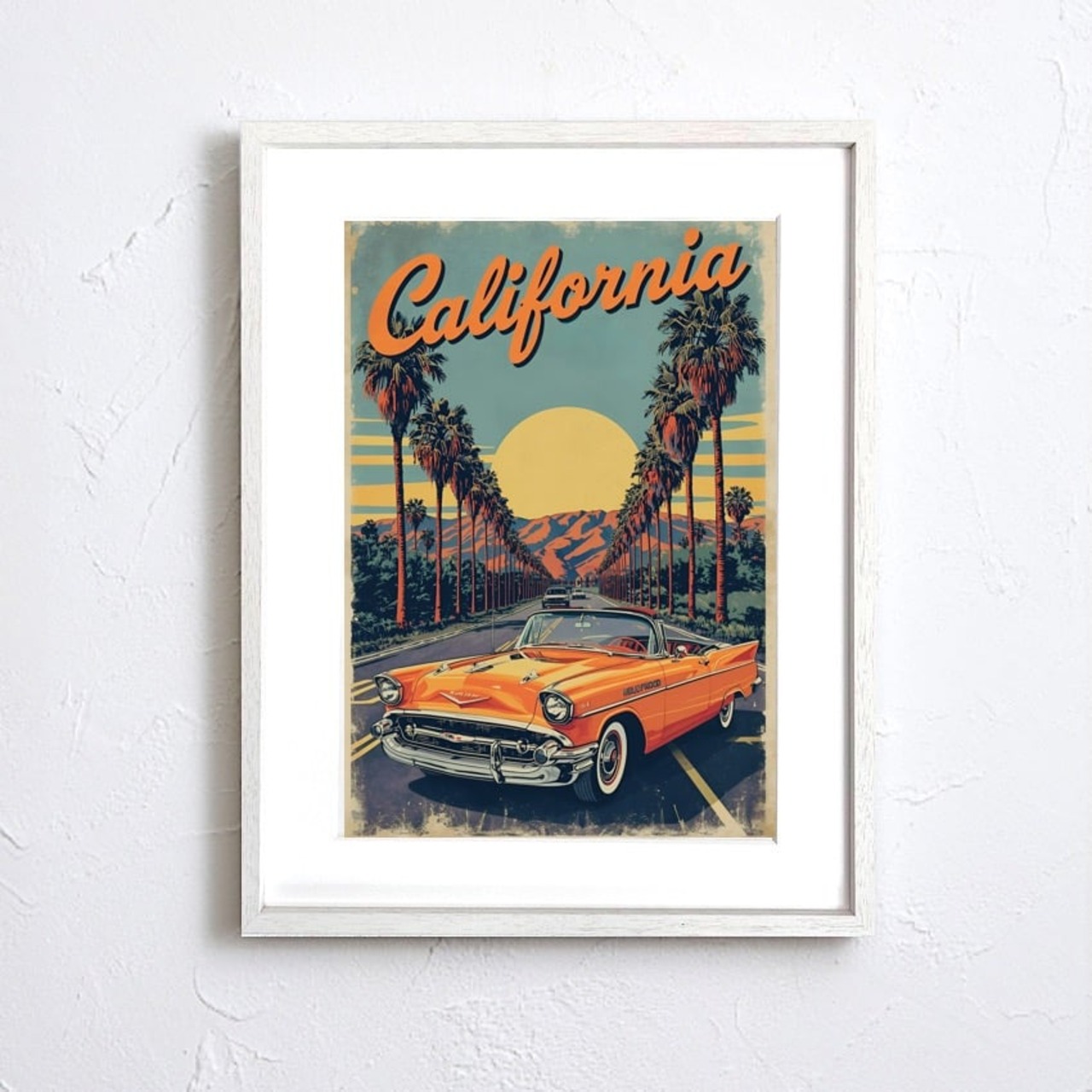 California Dreamin’｜カリフォルニアの陽光とクラシックカーが描く自由のアートポスター｜レトロモダンな空間を彩るインテリアA2ポスター