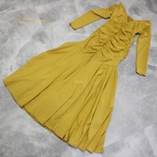 社交ダンス 衣装 スタンダード ドレス ワンピース パーティドレス イエロー系 ギャザー マスタード からし色 YILINFEIER 無地 シンプル ダンスドレス 長袖 伸縮性 美しい裾 大人用 ステージ衣装 フラットなデザイン シンプルスタイル フェスティバル スポーツ衣装 ルームウェア パーティー 衣装用 アイテム