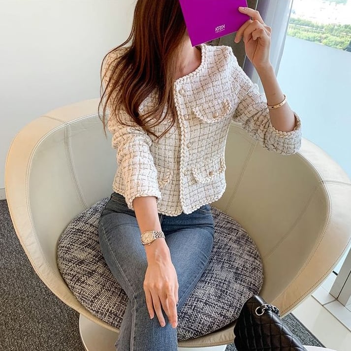 AMAIL ノーカラー ツイードジャケット ツイードノーカラーミドル ジャケット （ノーカラージャケット）｜ANY