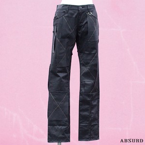 【数量限定!】 ABSURD パンツ レディース  シルエット 個性的 黒 BLACK  ステッチ ツギハギ レザーライン ロングパンツ  アブサード 　Clean Up Cloth -pants-