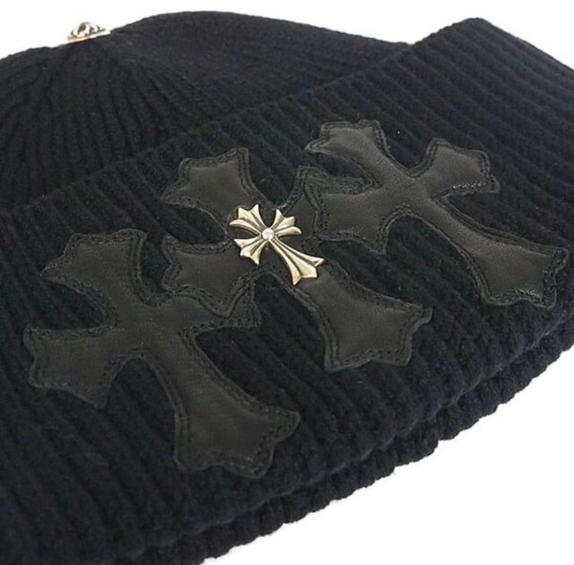 CHROME HEARTS クロムハーツ Cashmere Cross Beanie ラウンドセメタリークロスパッチ カシミヤビーニー ニットキャップ 帽子 ブラック225センチ本体