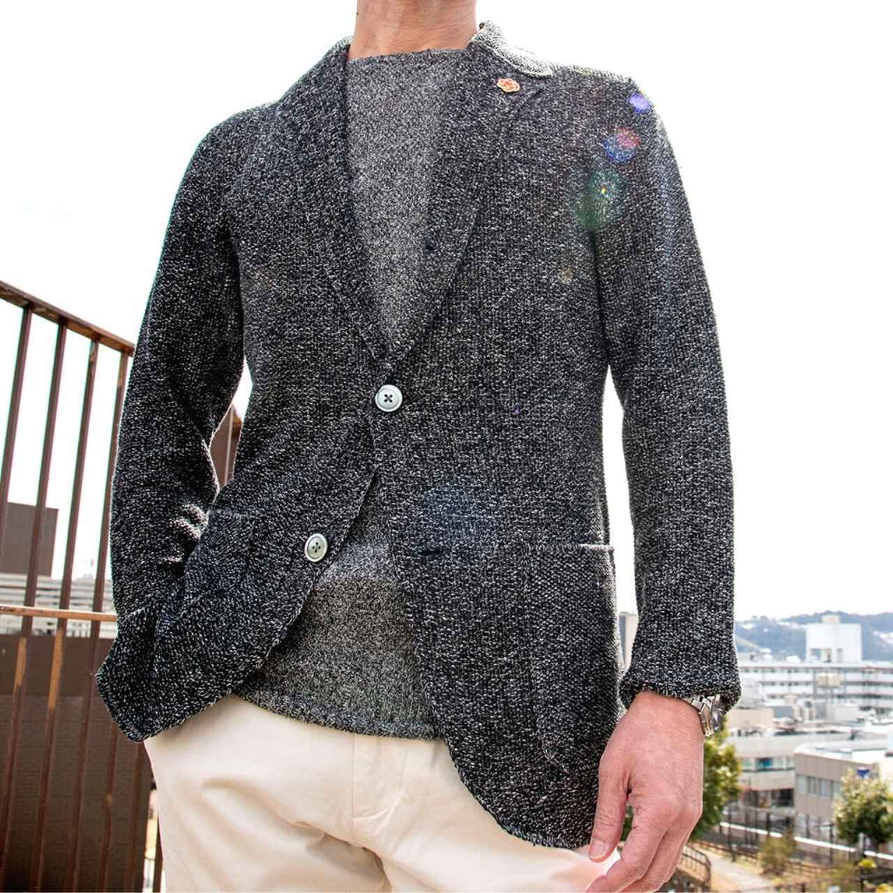 リネンハニカム ニットジャケット / ブラック&アイボリー / 日本製 | Favorknits - フェイバニッツ - 日本製メンズニットジャケットオンラインストア