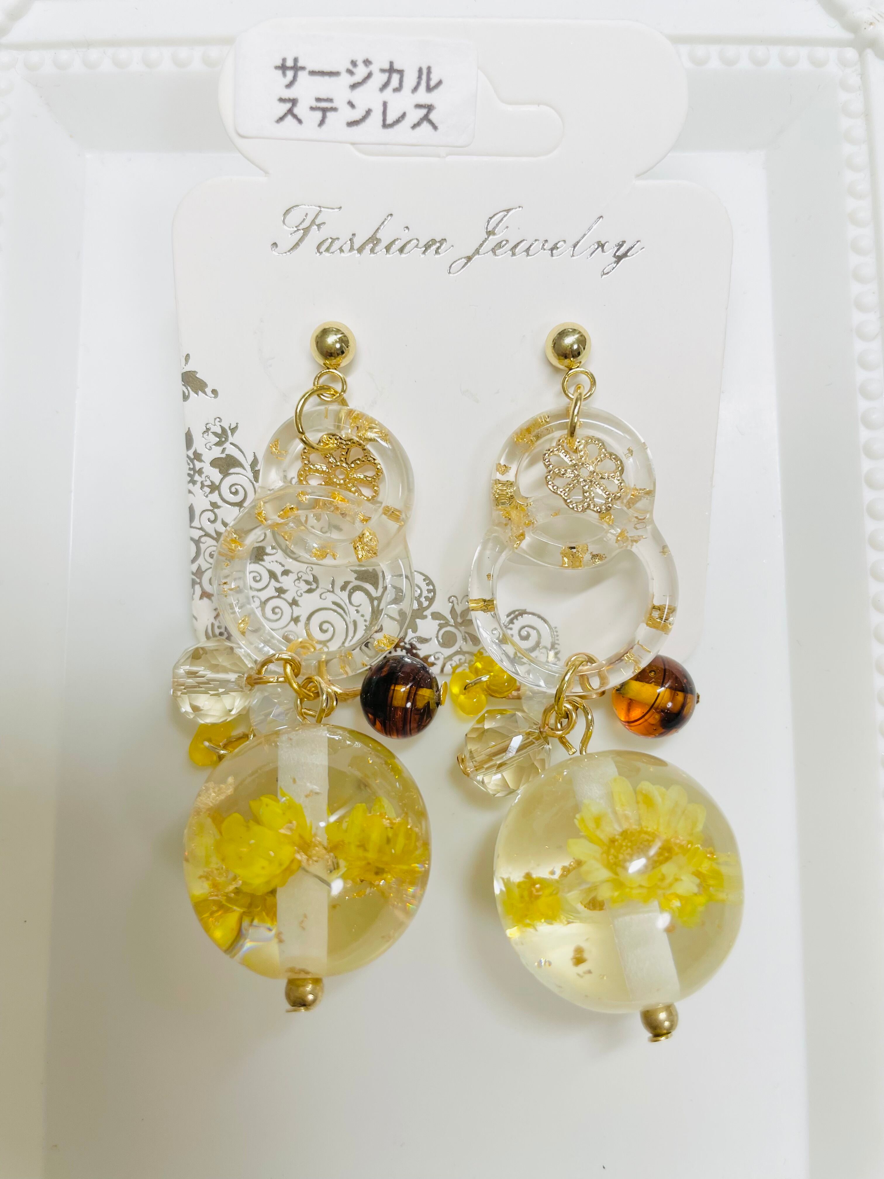 再販】まるで氷 ピアス イヤリング レジンパーツ×シルバービーズ