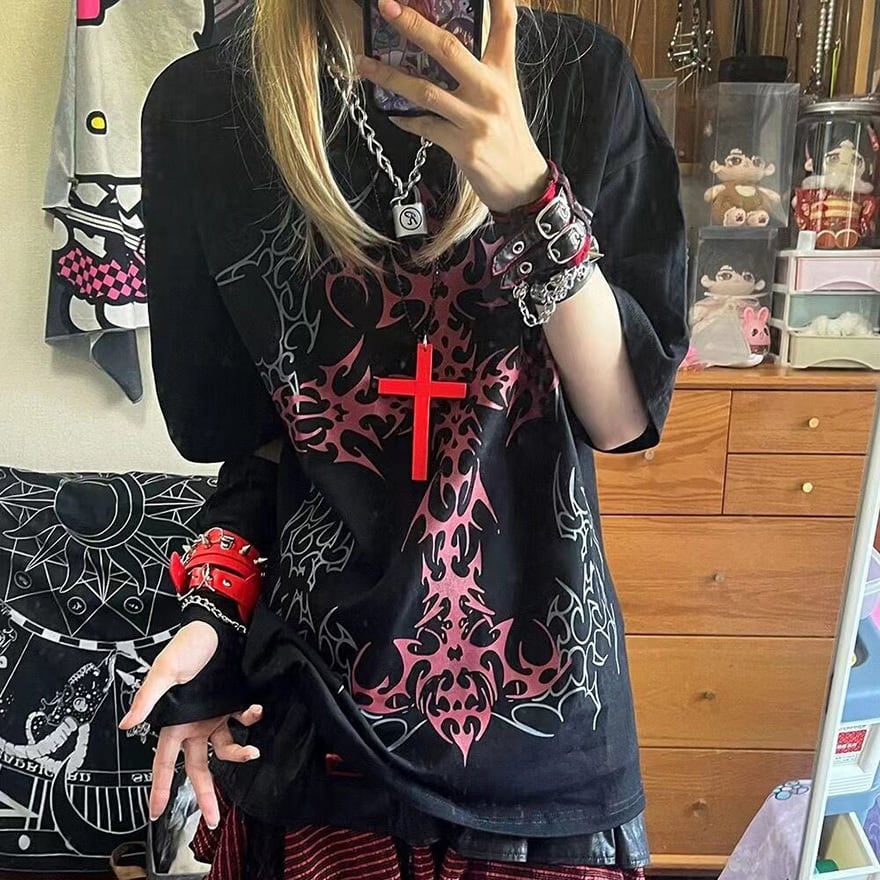 ライブ参戦 クロス柄プリント半袖Tシャツ 地雷パンクコーデ | ゴスロリ