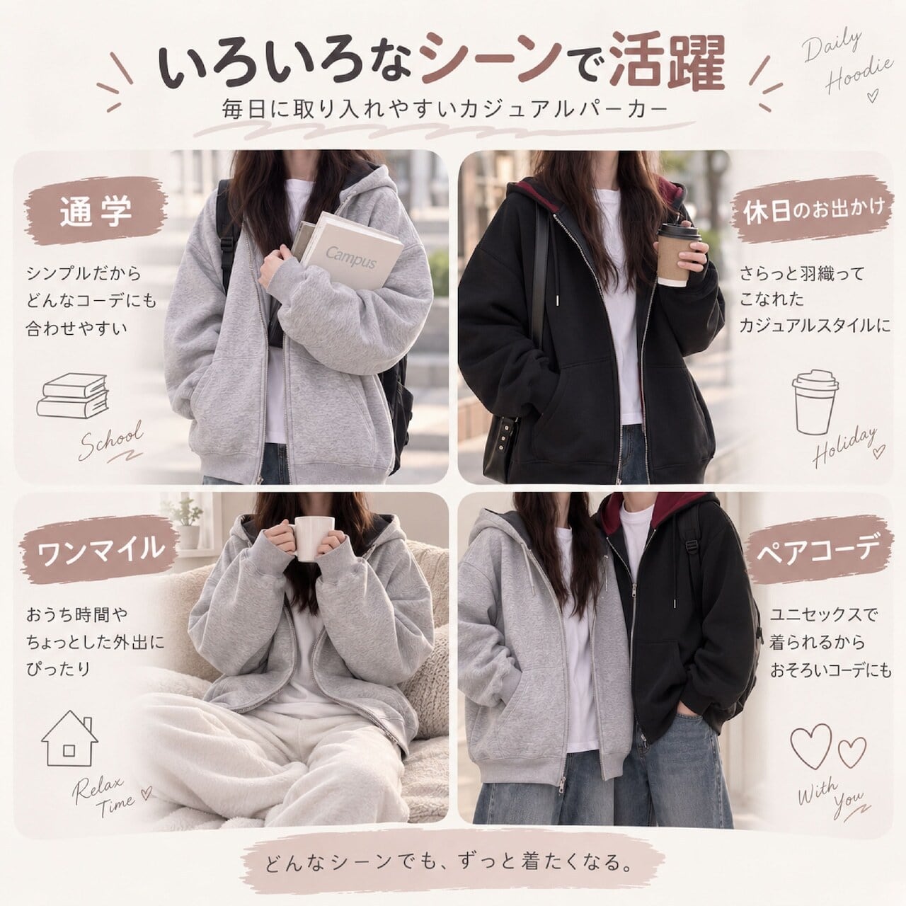 G259.ジップアップパーカー レディース メンズ フード付き パーカー