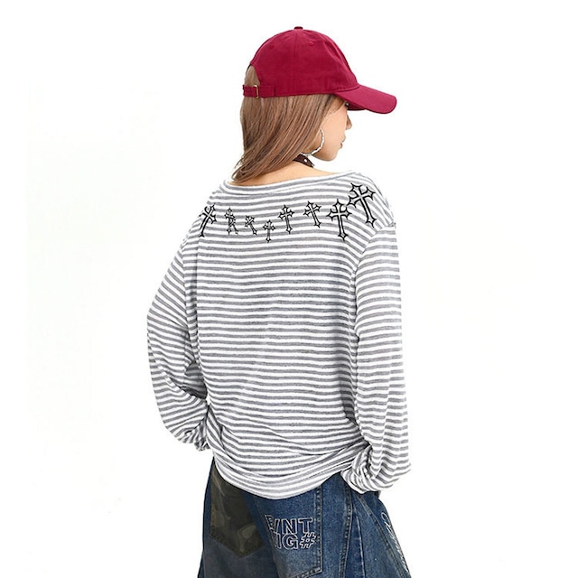 ゴシックレタリングボーダーボートネックカットソー 2col R01912