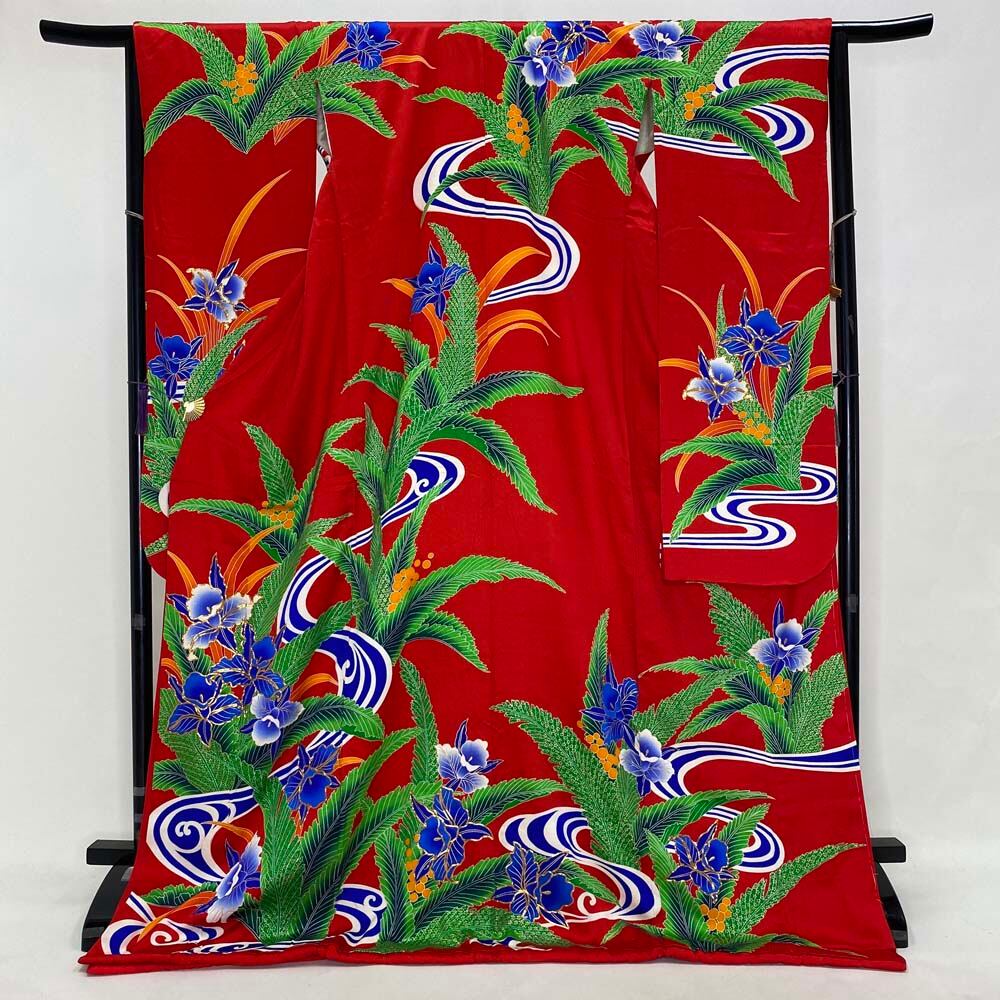 本振袖 引き振袖 正絹 赤色 花柄 古典 刺繍 結婚式 比翼仕立て 裄65.7cm 身丈180cm Bランク 花嫁衣装 Mサイズ 3683