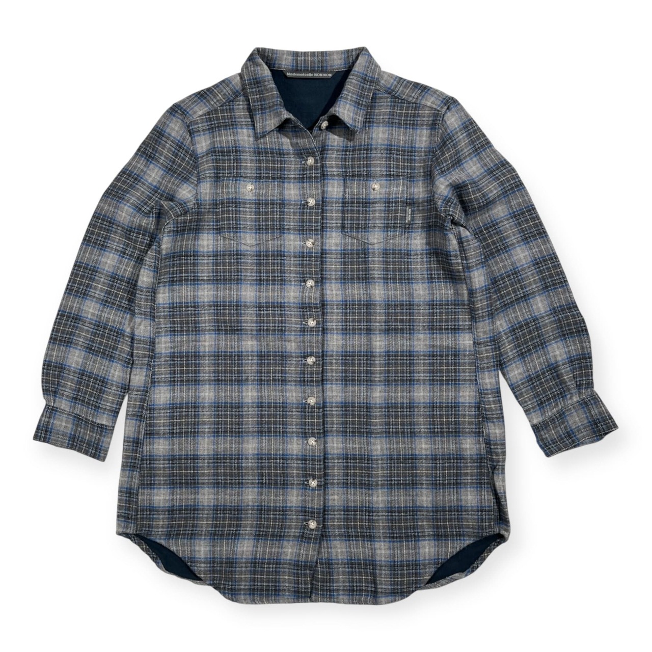 美品 Mademoiselle NON NON マドモアゼルノンノン チェック柄 長袖 ロング ネルシャツ チュニック サイズ 38 M /グレー×ブルー/パパス/日本製