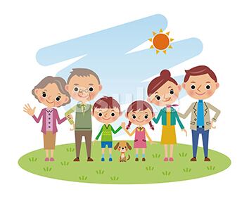 イラスト素材:青空の下で草原に立つ3世代家族(ベクター・JPG)