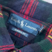 90s Ralph Lauren ラルフローレン CLASSIC FIT チェック BD ボタンダウン  長袖 ネルシャツ M/ブリーン×レッド系 メンズ ビンテージ