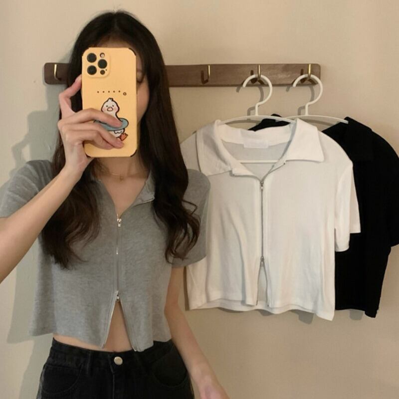 カーディガンジッパーショートTシャツ レディースサマースタイルスリムトップス 夏物 YY-ファッション46942535625