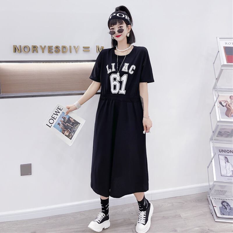 サマースタイルルーズラウンドネックプリントウェストカジュアルTシャツ スカート 大きめサイズ 夏物 Oネック ミックスインファッション30312376232