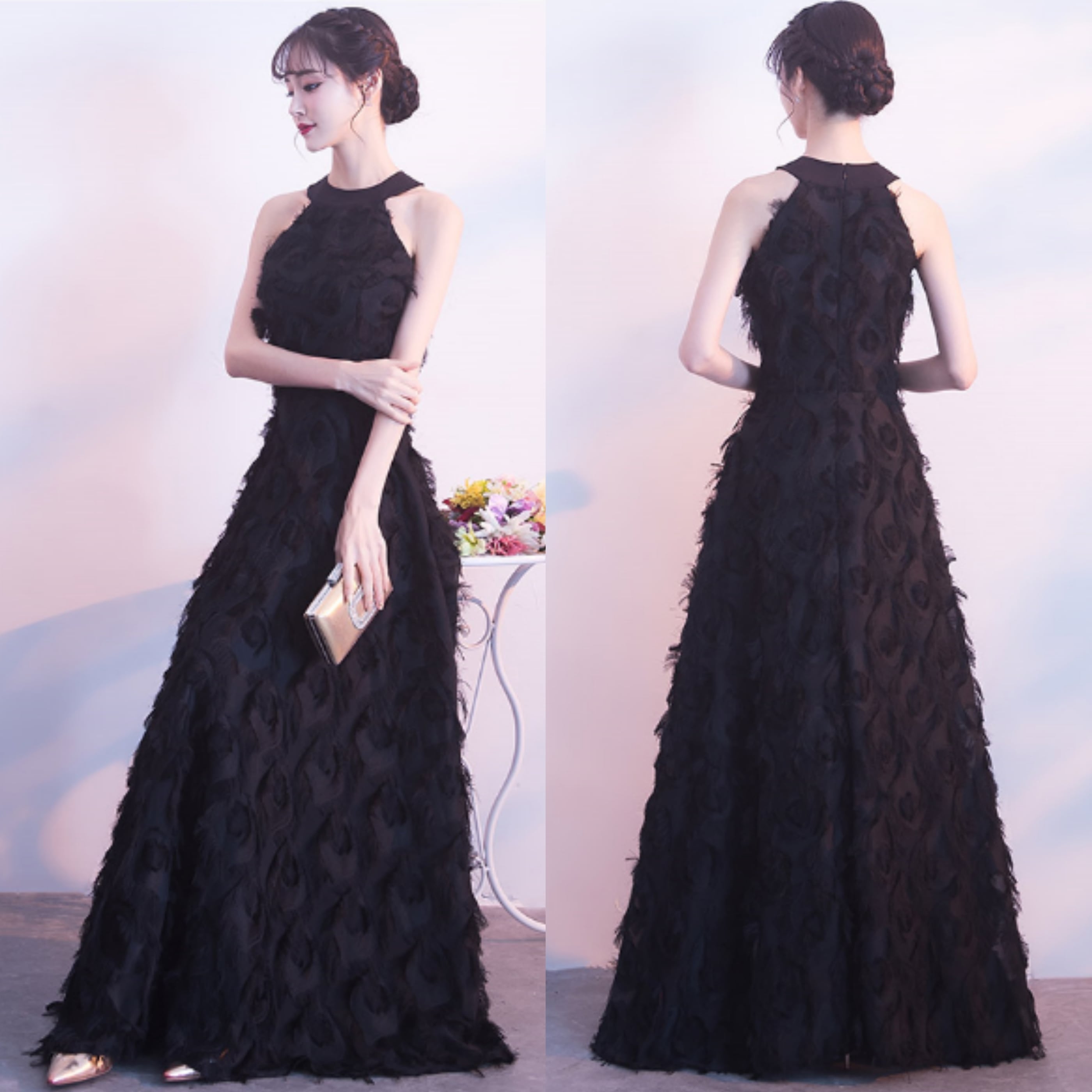 パーティドレス ウェディングドレス ホルダーネック フェザー ホルターネック フェザードレス 黒 二次会 花嫁 ウェディング