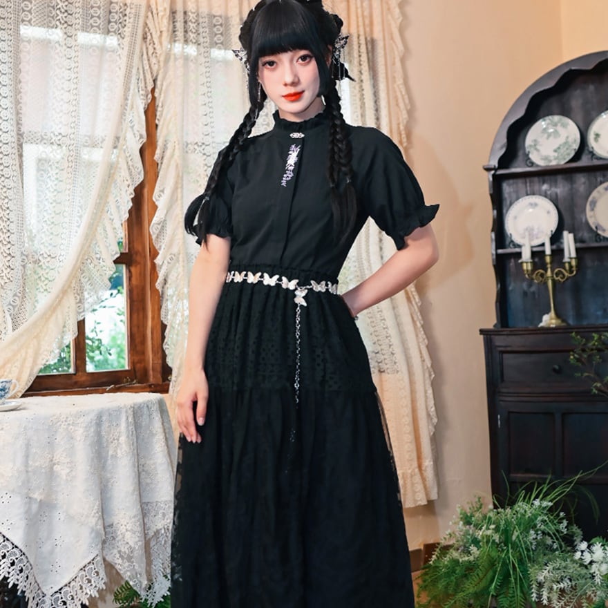 中華ゴシック 古怪舎 シャツ 半袖 刺繍 レース 中華系ファッション 30代ファッション 夏服