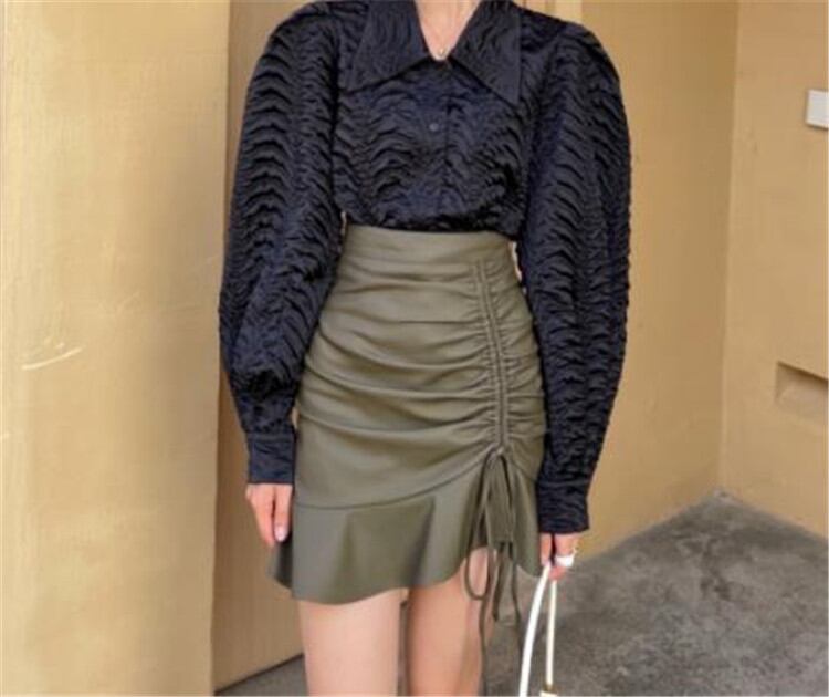 快適で暖かい フォールド フリル ミニスカート ハイウエスト スリム PU スカート セクシー
