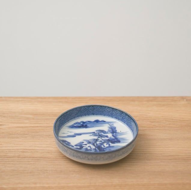 伊万里 染付 縁菱文 雷文 山水図 小皿 生活骨董 アンティーク