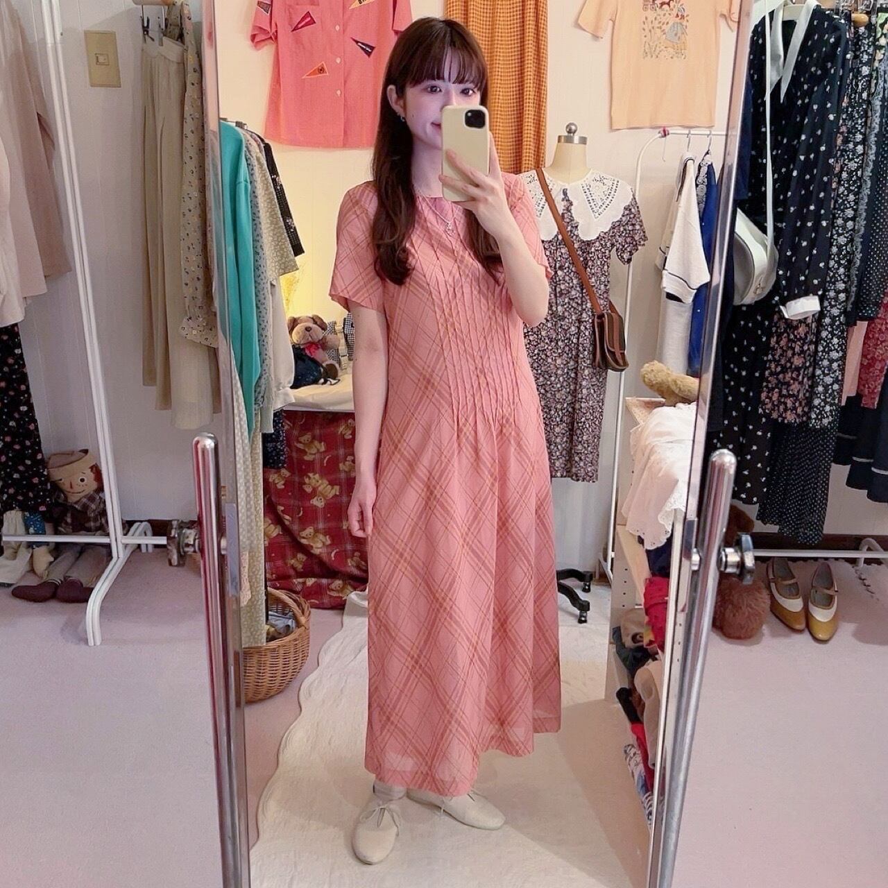 pink orange check pintuck one-piece