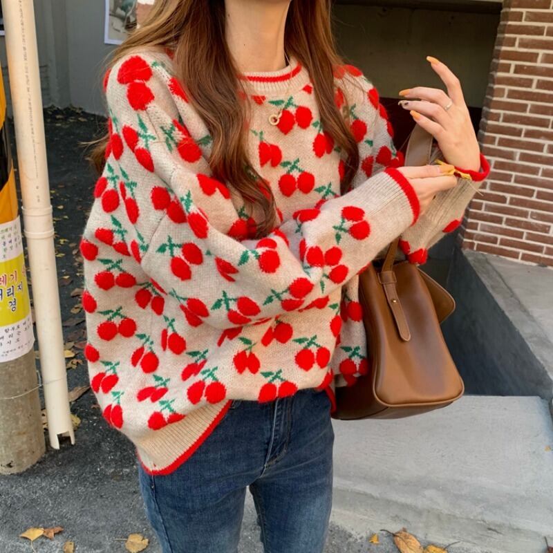 セーター ジャカードルーズオータムウィンタースタンダードプルオーバー トップス レトロ 秋物 冬物 ブラックストロベリース20259525522