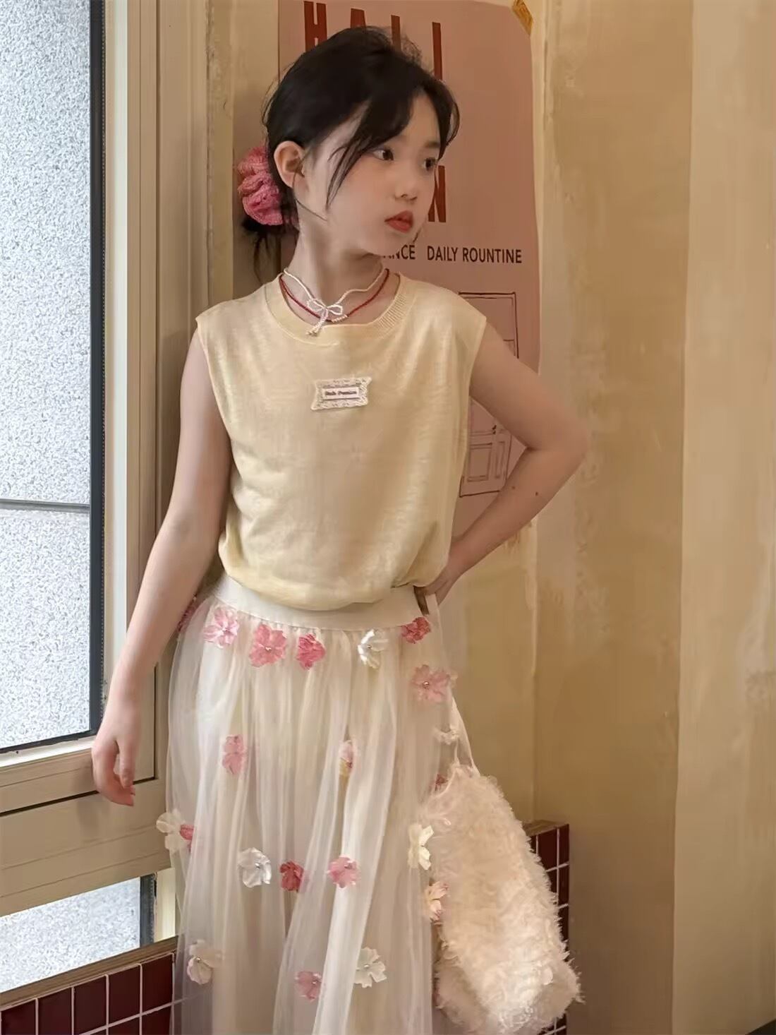 3colorレースタグ透けニットトップス