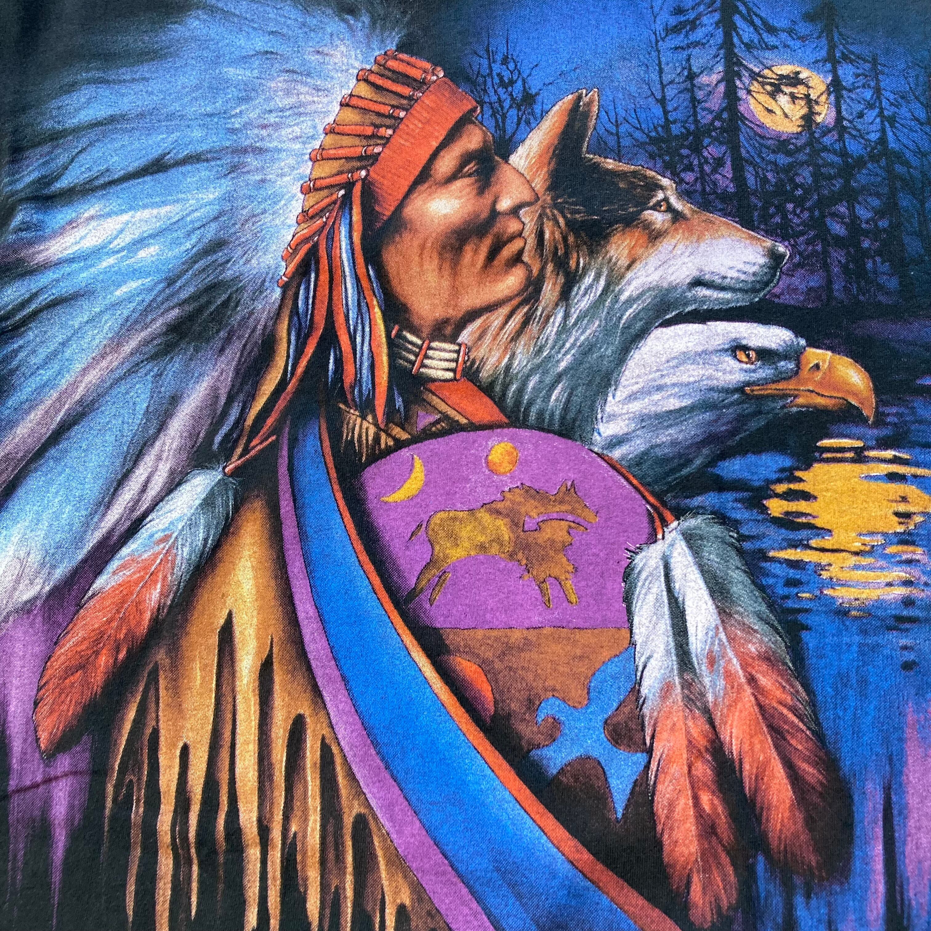 90s USA製 ビンテージ ネイティブ インディアンヘッド ウルフ Tシャツ