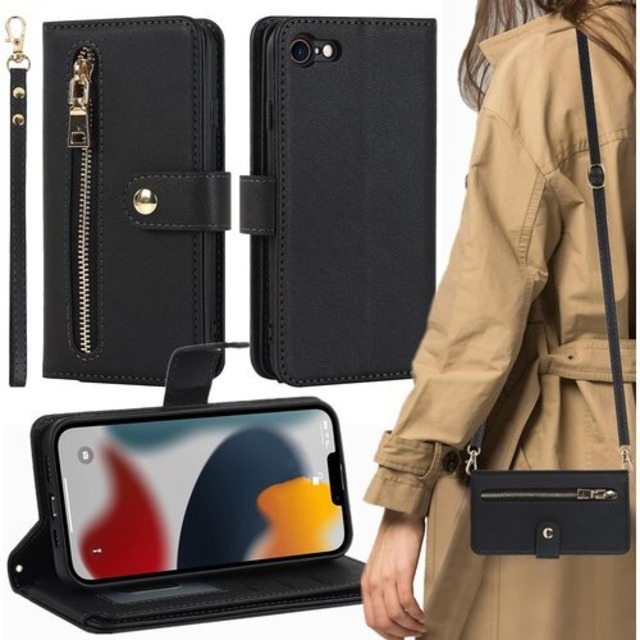 iPhone SE 第二世代 第三世代 適用 iPho 帳 アイフォン7 ケース iphone7 case 適用 iCoverCase ストラップホール付き スナップ 留め具 ジッパー カード収納 バッグ スタンド ハンドストラップ ロングストラップ マグネット 留め具 肩がけ 首掛け 斜め掛け カードケース ファスナー ストラップ付き カバー ショルダーケース クロスボディケース カード入れ スマホケース 携帯カバー ブラック 1454