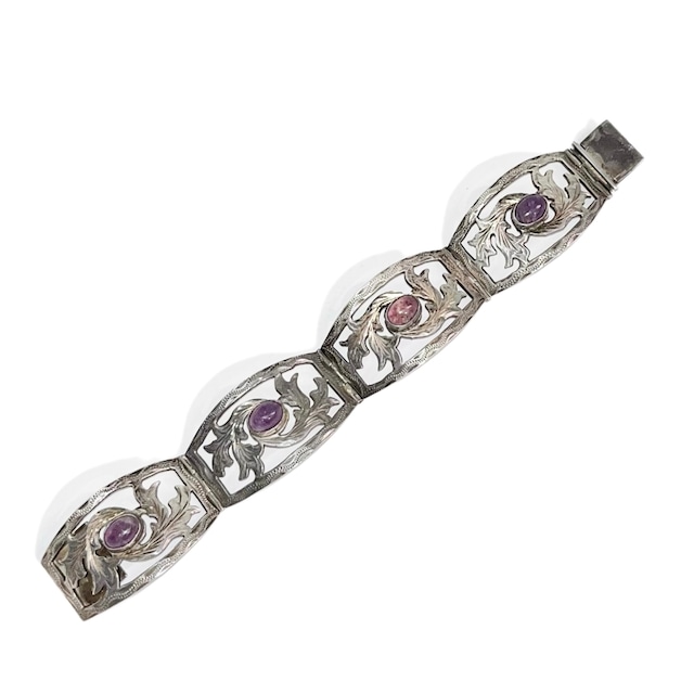 vintage Mexican botanical motif silver bracelet set with purple stone