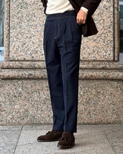 【深藍立端】デニムライク・2プリーツスラックス